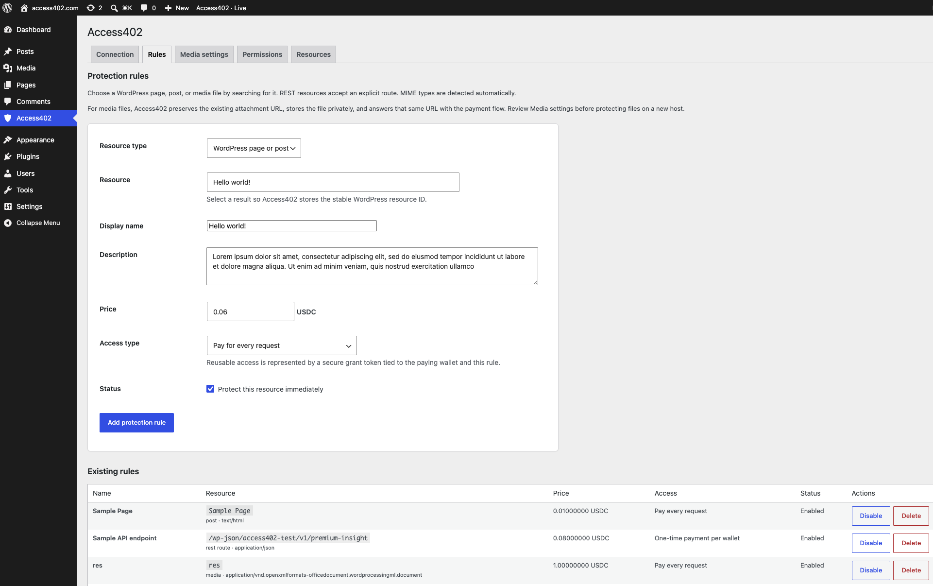 Protection rules configured in the Access402 WordPress plugin