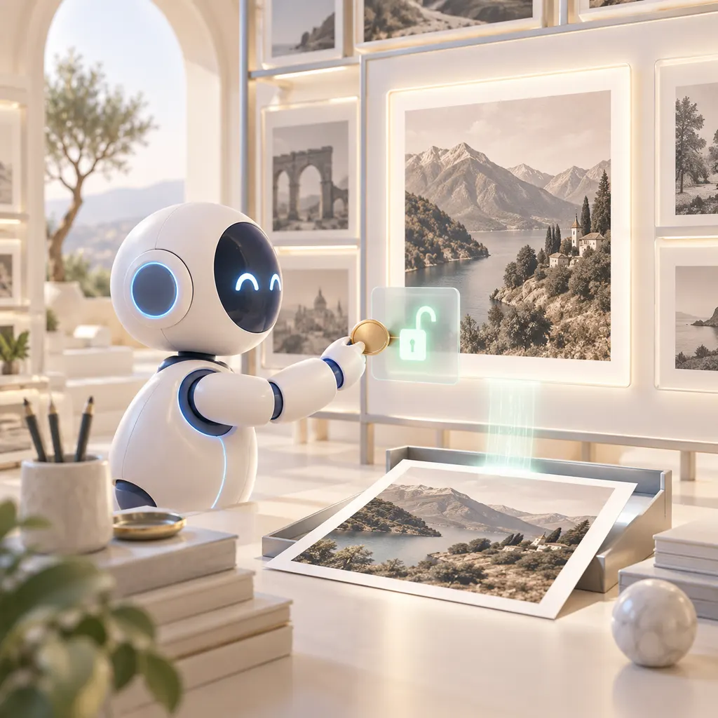 An AI agent licensing one high-resolution image from an archive
